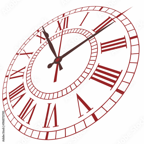 Red clock face with Roman numerals time