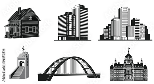 Collection of black and white silhouettes of various architectural structures like houses, skyscrapers, and bridges.