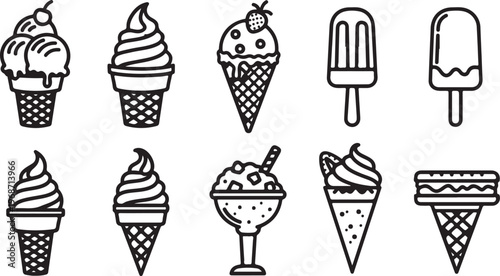 A collection of whimsical ice cream and soft serve cone illustrations Vector