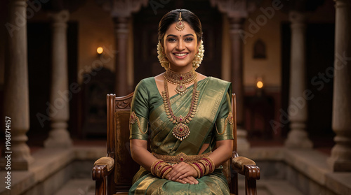 Beautiful South Indian Woman in Saree with Traditional Gold Jewelry