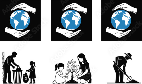 Flat vector illustration set featuring blue earth globes protected by hands, family recycling waste, people planting trees, and gardening for environmental sustainability awareness.