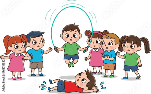 Cartoon illustration of a group of children playing jump rope with one boy falling on the ground as friends look on with concern