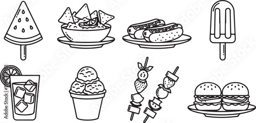 A collection of cartoon food items and containers in black and white Vector