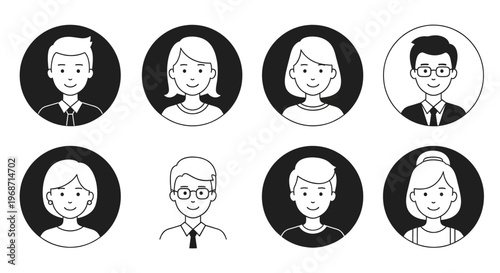 Diverse set of avatar icons representing people of different genders and styles, suitable for profiles and user interfaces