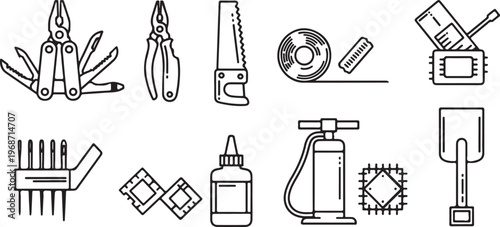 A collection of simple line drawings of various household objects and tools Vector