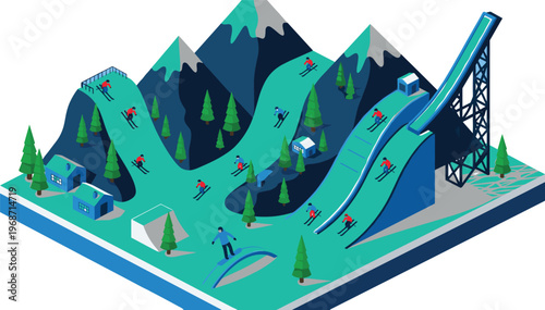 Isometric ski resort illustration, snowy mountain slopes, skiers snowboarders winter sports, ski jump ramp lodges pine trees, vacation leisure artwork decor