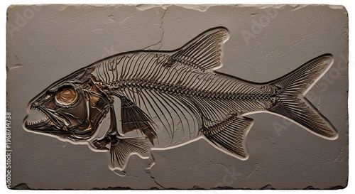 Fossilized Fish Skeleton Displayed on a Gray Background.