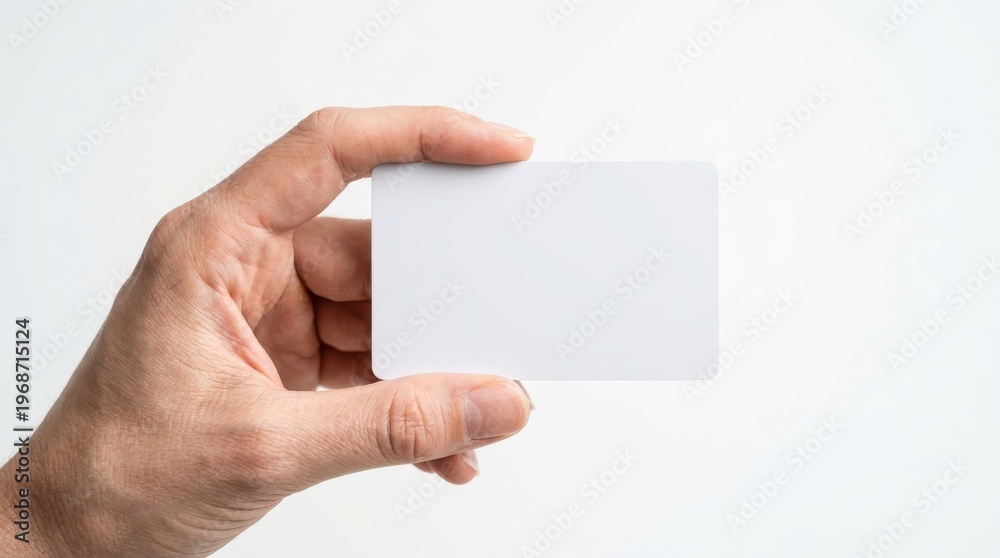 Obraz premium A hand holding a blank white card against a clean white background, presented in a simple, minimalist style with a bright and airy mood.