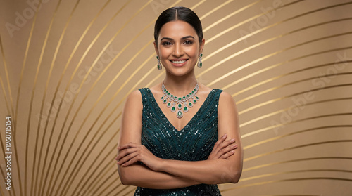 Elegant Woman in Emerald and Diamond Jewelry Smiling Confidently
