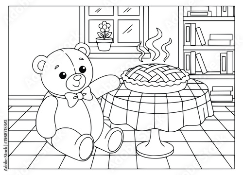  Pie coloring page of a teddy bear sitting by a hot dessert on a table
