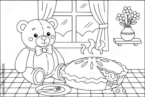 Pie coloring page of a teddy bear sitting at a table with a hot fruit tart