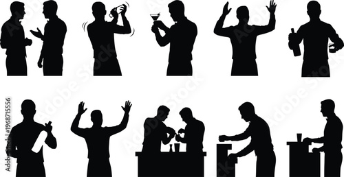 Bartender silhouette set, professional barman mixing cocktails, serving drinks icons, nightlife hospitality staff, waiter service silhouettes, restaurant lounge party silhouettes, alcohol beverage pre