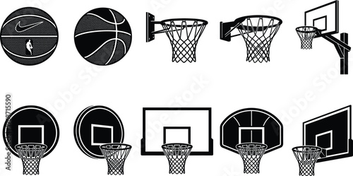 Basketball equipment set featuring realistic ball silhouettes, hoops with nets, various backboard designs, and professional court gear for sports graphics and athletic illustrations.