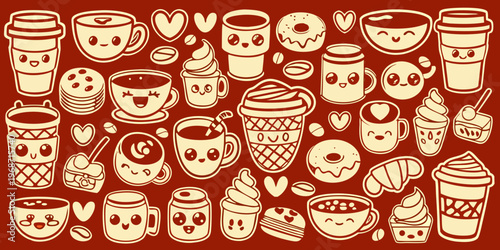 Cute cartoon illustration of various coffee tea and pastry items