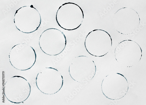 blue shapes of Wine circle and Coffee ring stains. Wine glass marks or coffee cup round stains and dirty splashes and spots isolated. Hand drawn tea or ink ring stains on white background