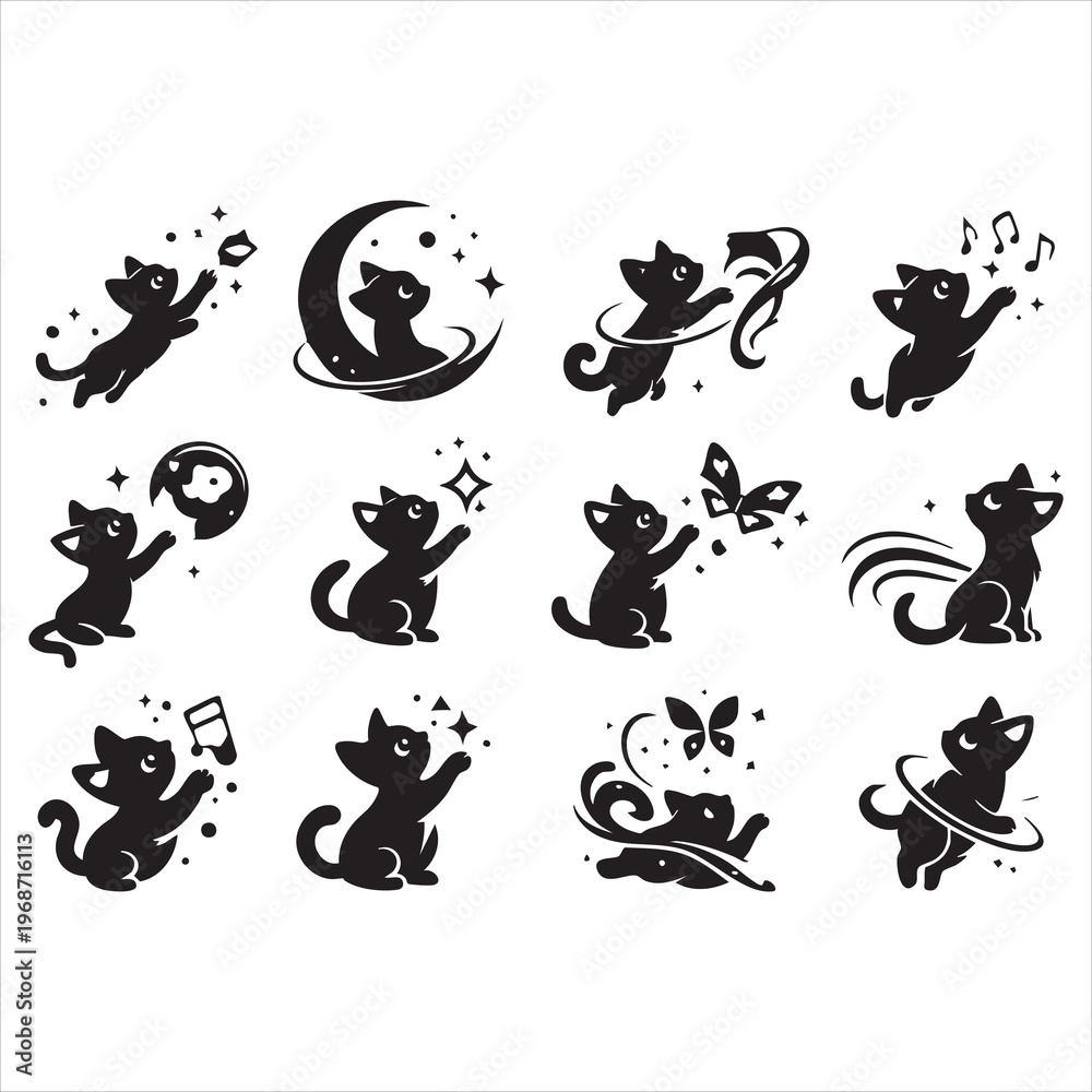 Obraz premium Cute black kitten reaching for stars and moon abstract playful illustration.