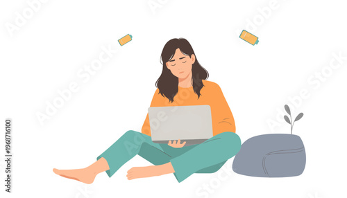 Exhausted woman with low battery icons showing burnout and stress