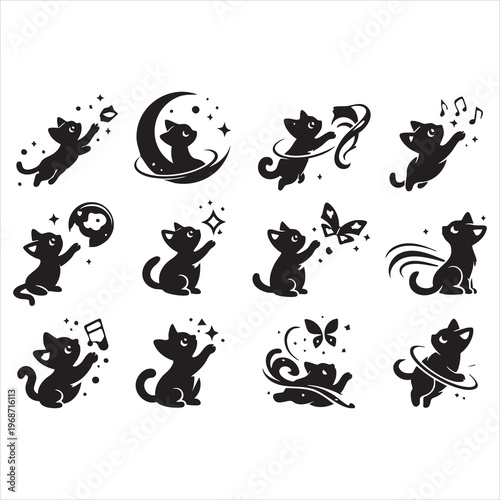 Cute black kitten reaching for stars and moon abstract playful illustration.