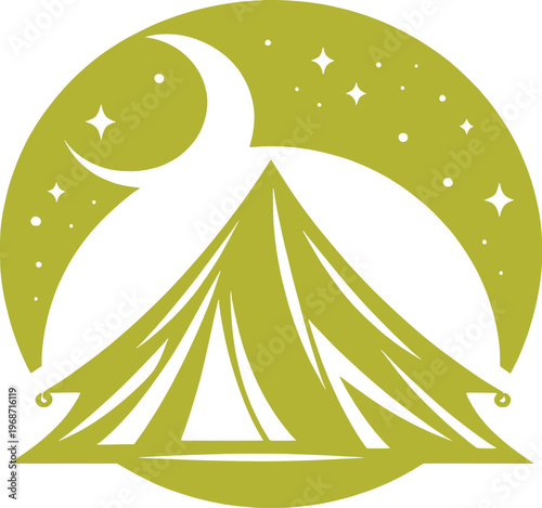 Minimalist Olive Green Camping Tent Silhouette with Crescent Moon and Stars Vector Illustration