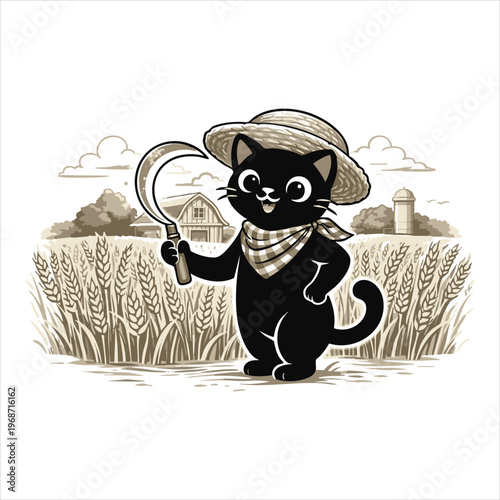 Happy black cat farmer in straw hat with sickle in wheat field.