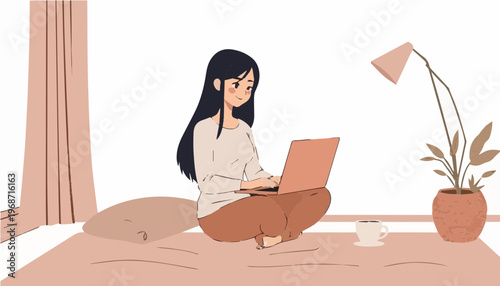 Young woman working on laptop in cozy home bedroom environment 