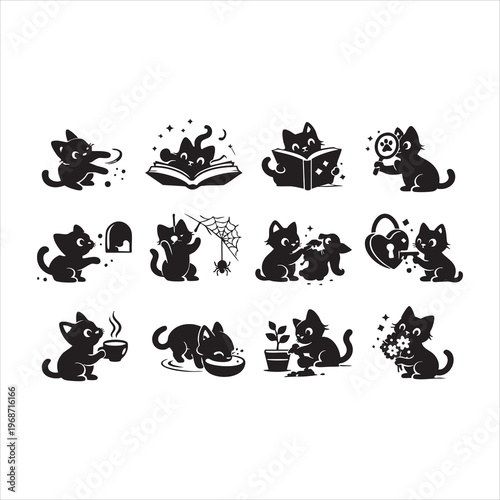 Set of black cat icons depicting various activities and hobbies.