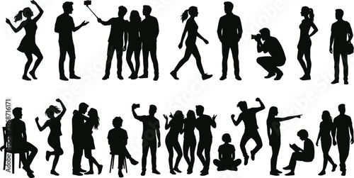 Collection of diverse people silhouettes featuring men and women in active poses, taking selfies, dancing, sitting, walking, and interacting for social lifestyle designs.