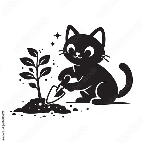 Small black cat planting a seedling with shovel in soil.