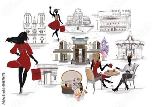 Series of backgrounds with french architecture decorated with flowers, beautiful girls in Paris and street cafes. Hand drawn vector illustration.