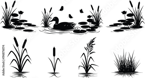  Pond reeds and duck silhouettes collection in black and white, water plants and lily pads, natural wetland illustration set for wildlife, landscape and design.