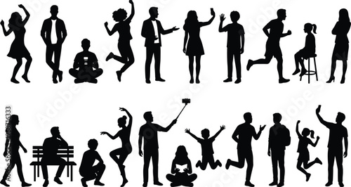 Collection of diverse people silhouettes in various poses including walking, running, jumping, sitting, taking selfies, and dancing for social lifestyle and community illustrations.