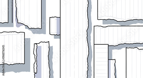 Torn notebook pieces with dark outlines and blue depth