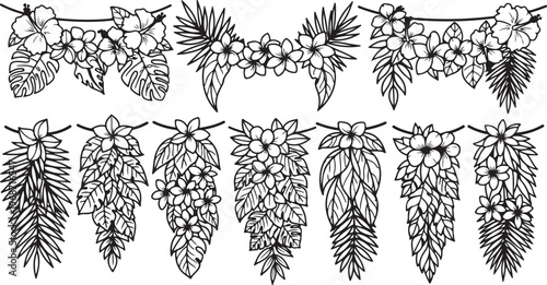 Intricate black and white illustrations of various tree leaves and branches Vector