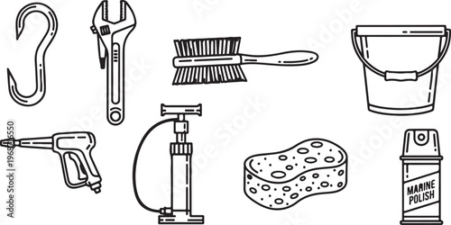 Assorted nautical tools for boat maintenance and cleaning Vector