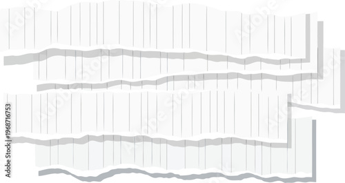 Ripped lined paper strips with soft shadows on white