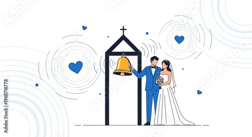 Wedding Couple Ringing Bell, Hearts, Celebration of Love