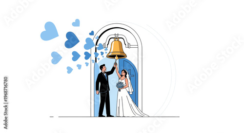 Wedding Couple Ringing Bell with Hearts Illustration