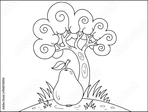  Coloring page of a large pear standing in front of a curly orchard tree
