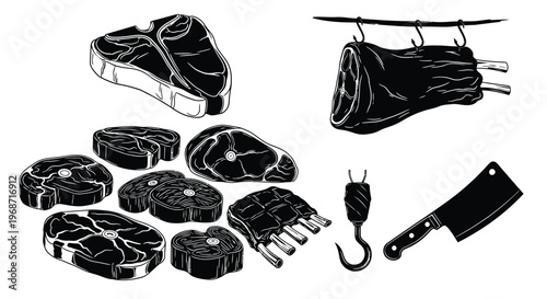 Selection of raw meat cuts and butcher tools in black silhouette