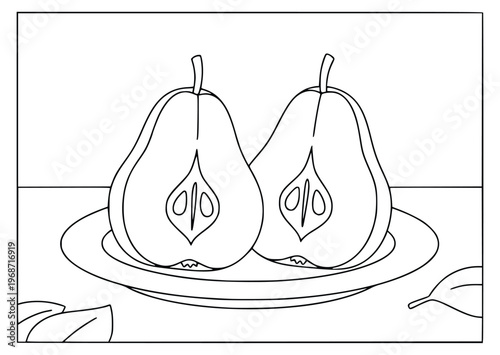 Coloring page with two sliced pear halves on a plate for creative kids