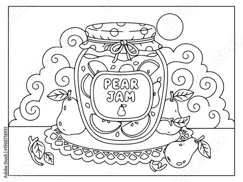 Pear jam coloring page showing a glass jar with fruit slices and labels