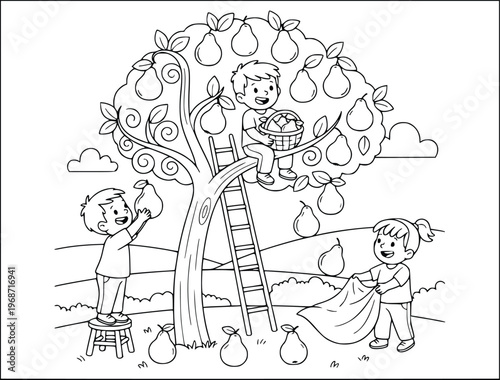  Coloring page with children harvesting ripe pears from a tree in autumn