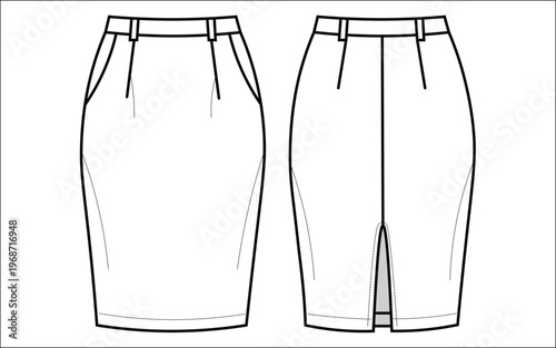 Cad drawing and technical illustration of women's pencil skirt fashion design with belt details