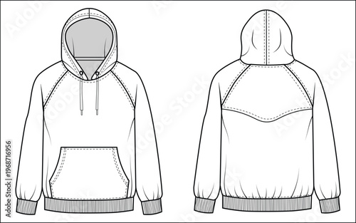 Detailed cad drawing of cloth hoodie technical fashion illustration for garment design and manufacturing