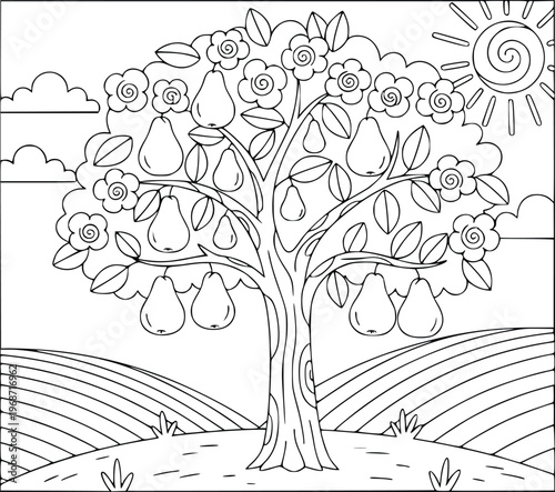 Pear coloring page showing a fruit tree with flowers in a summer orchard