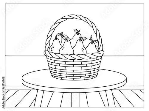 Coloring page of a wicker basket filled with fresh pears on a wooden table