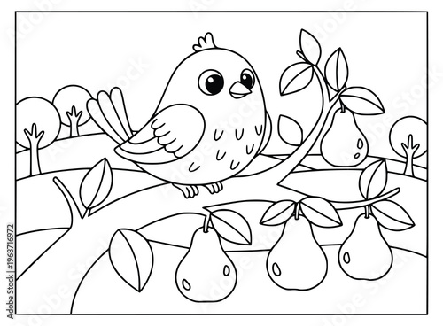 Bird coloring page perched on a branch of a pear tree in a beautiful orchard