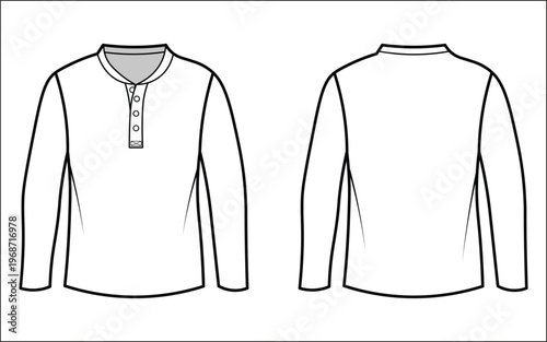 Detailed cad drawing of cloth long sleeve henley shirt technical illustration for fashion design and manufacturing