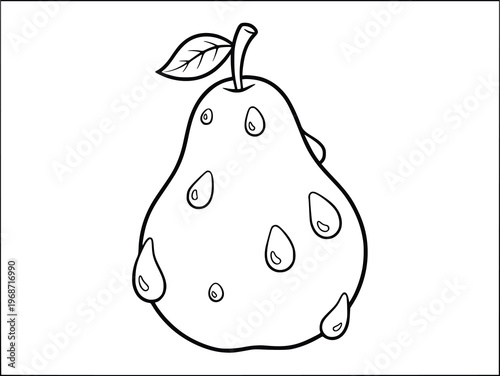 Pear coloring page featuring a single fresh fruit with small water drops