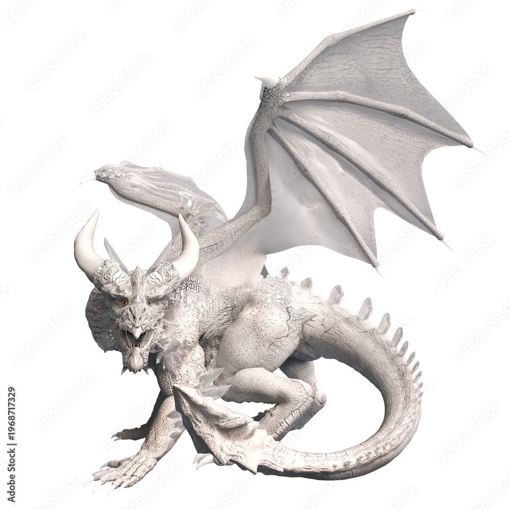 Fototapeta premium 3D rendered fantasy white dragon with crystals isolated on a transparent background